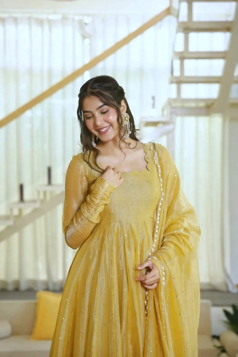 Mustard Gold Foil Work Salsa Silk Straight Salwar Set